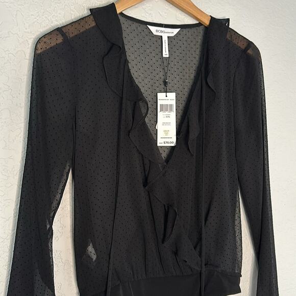NEW Sheer Black Polka Dot Long Sleeve Bodysuit Ruffle Cocktail Party Holiday - Picture 2 of 8